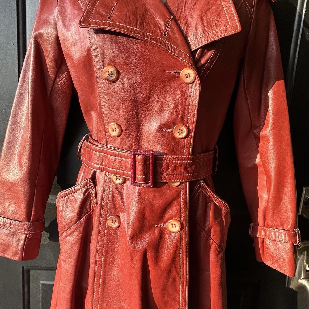 VTG 70s Sears JR Bazaar Leather Trench Coat Women's 7 Rust Red Retro Chic Disco - Picture 7 of 16